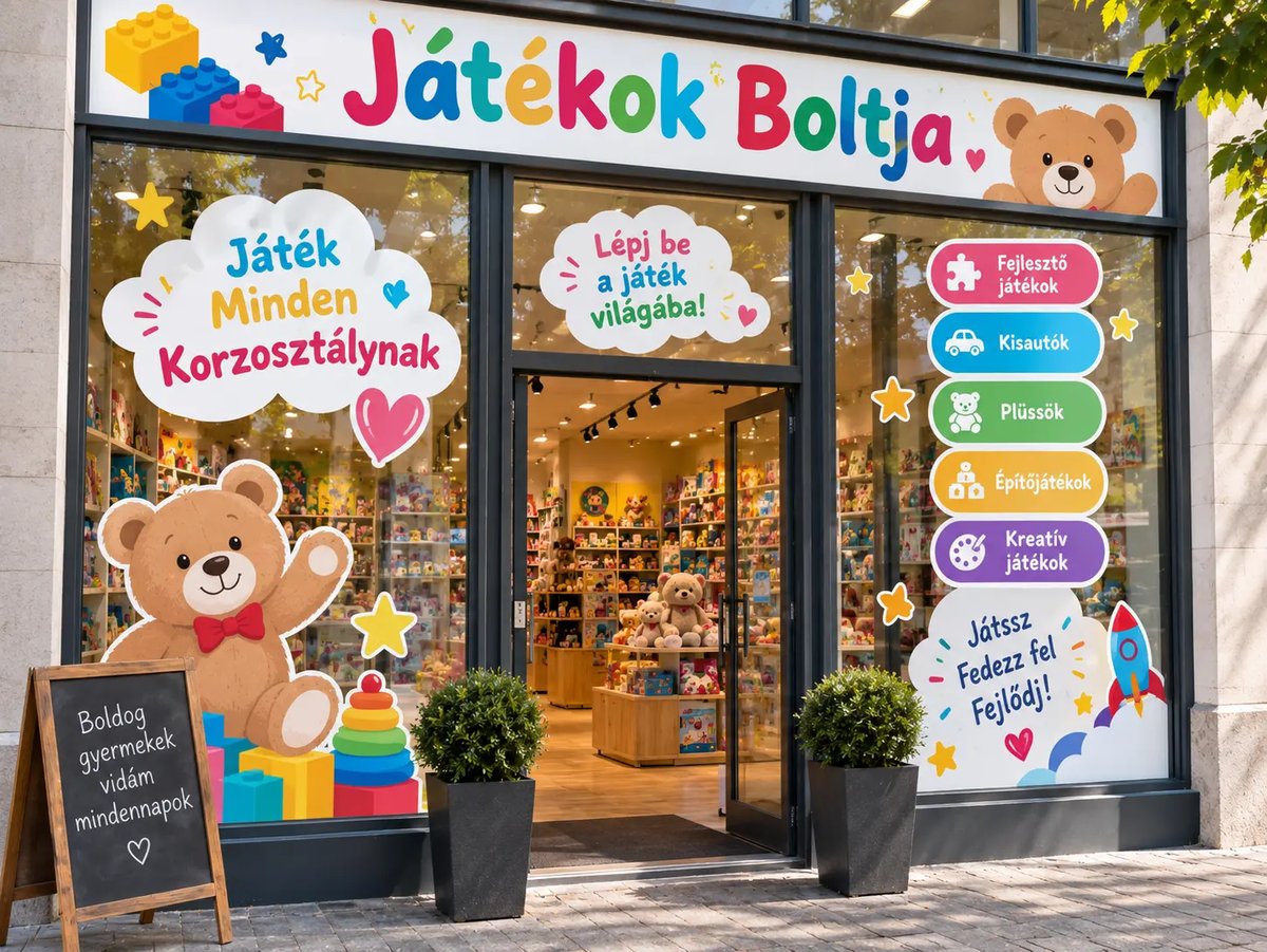 Játékbolt kirakata színes kirakati matricákkal