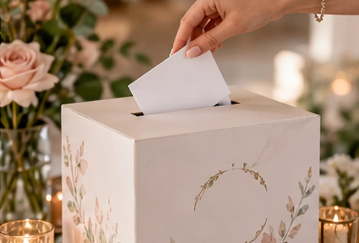 Női kéz fehér borítékot helyez a botanikai mintájú esküvői pénzgyűjtő doboz tetején lévő nyílásba