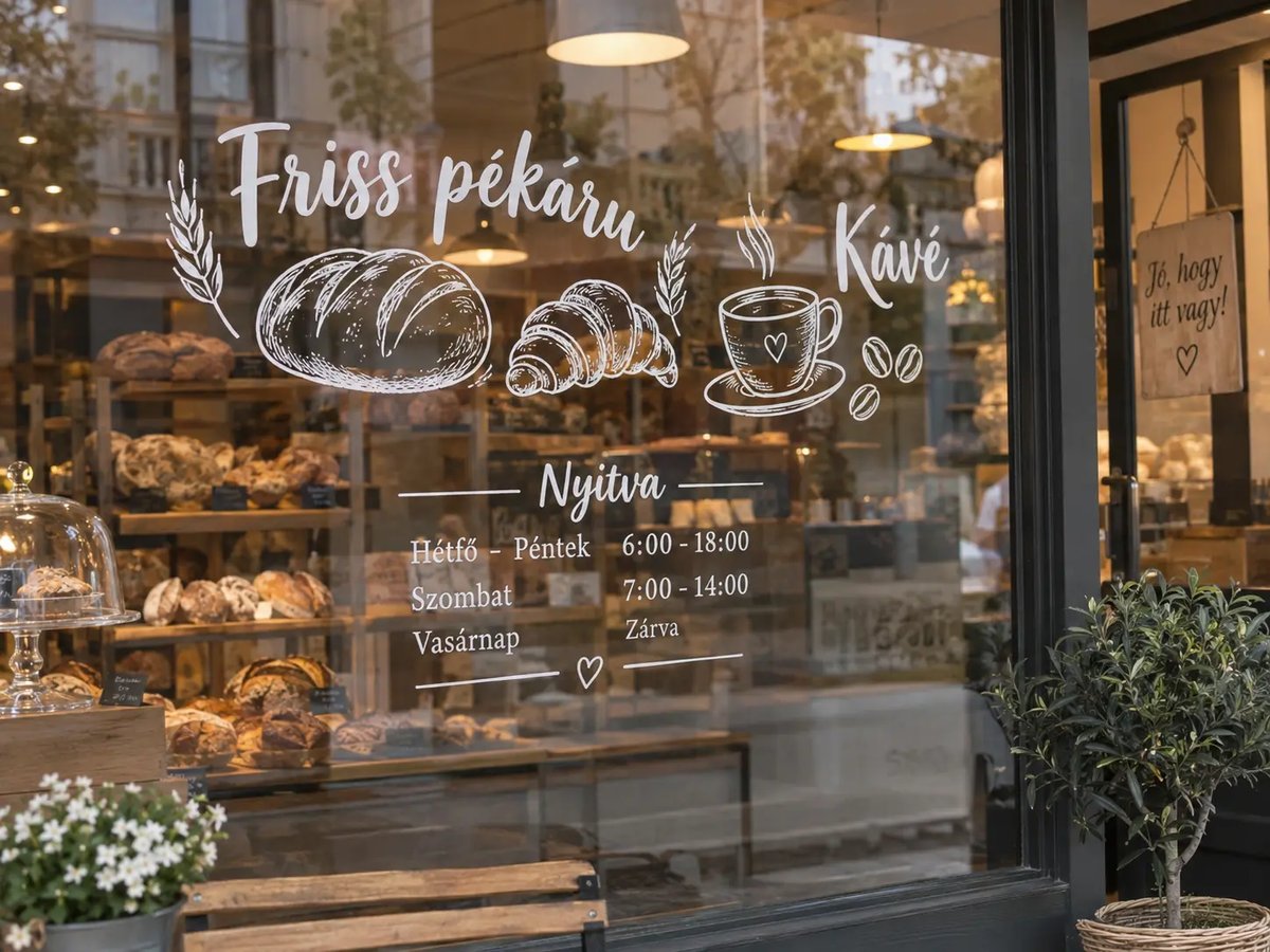 Pékség kirakati matricája nyitvatartással