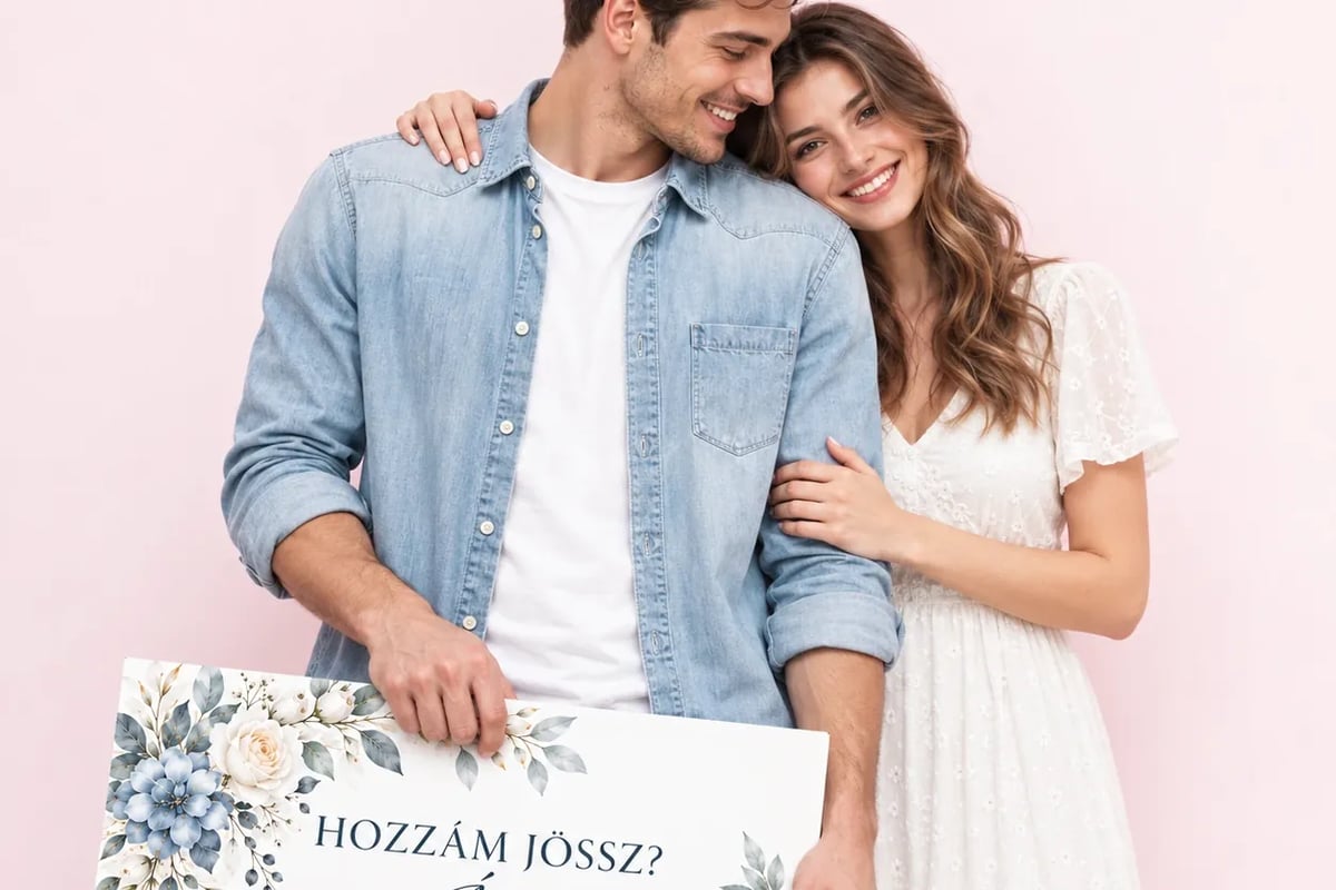 Boldog fiatal pár pasztell rózsaszín háttér előtt, a férfi virágos leánykérő táblával: Hozzám jössz? Ági