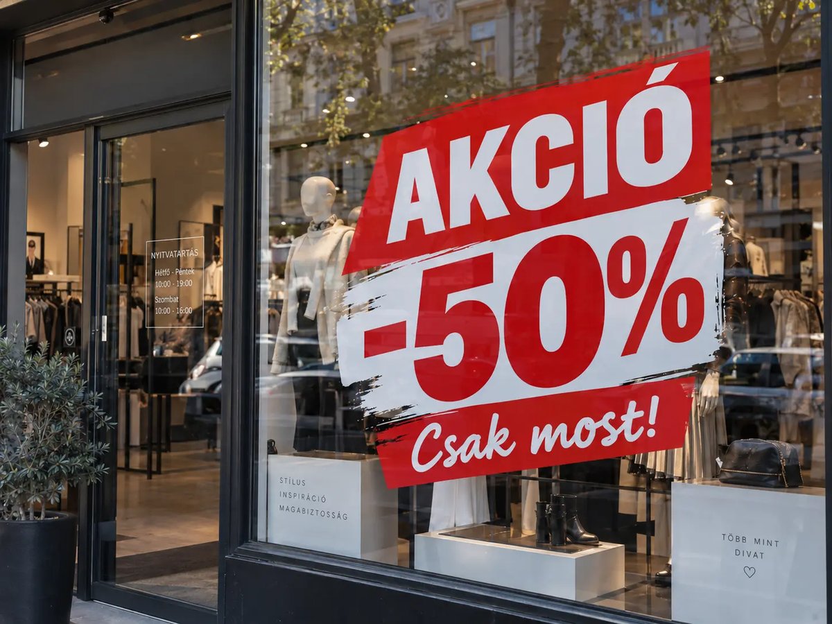 Akciós kirakati matrica divatüzlet kirakatüvegén