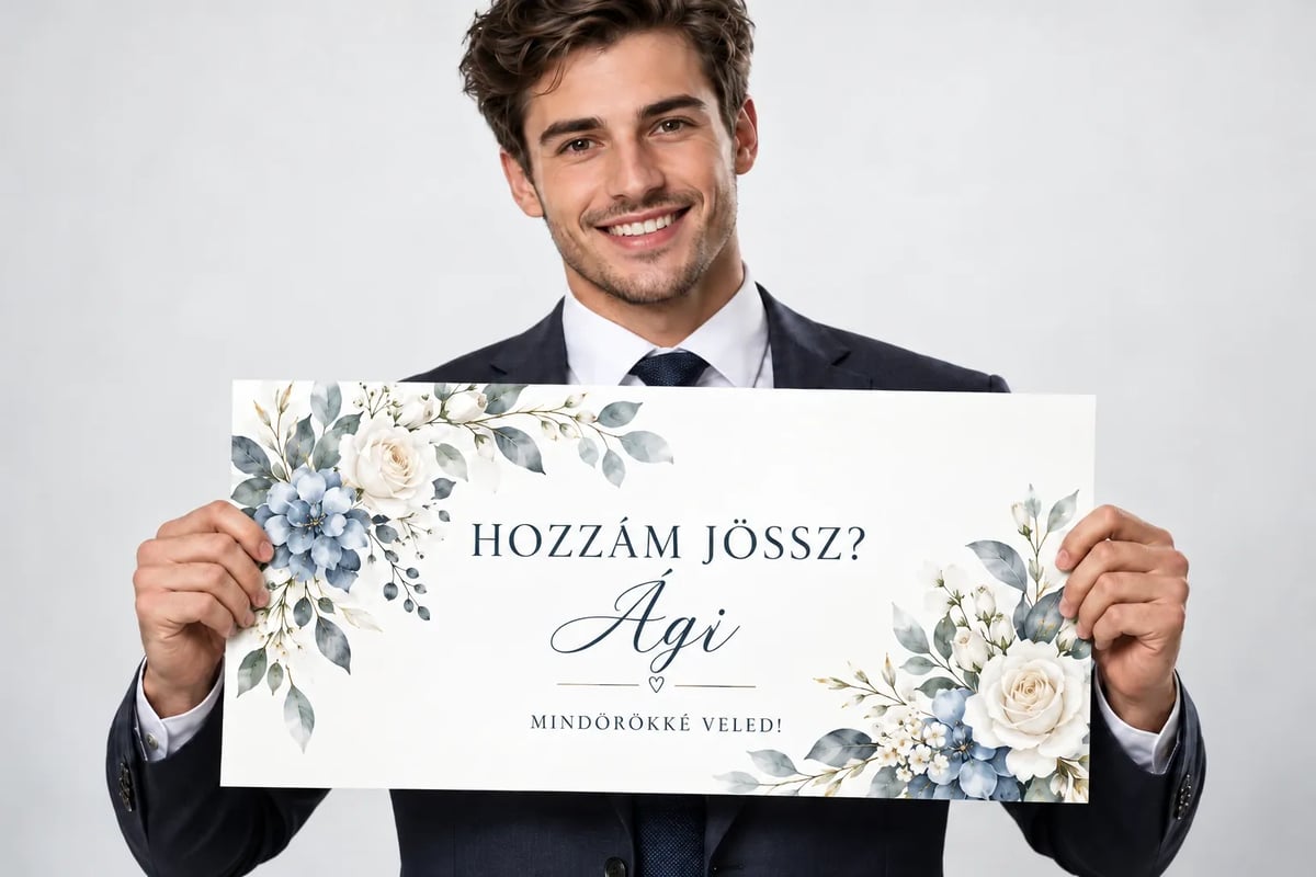 Mosolygó, öltönyös fiatal férfi virágmintás leánykérő táblával: Hozzám jössz? Ági – Mindörökké veled!